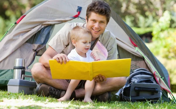 Father Son Read Book Together Tent — Stock Photo, Image