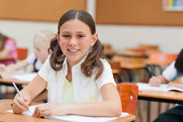 Glimlachende Student Aan Het Bureau — Stockfoto