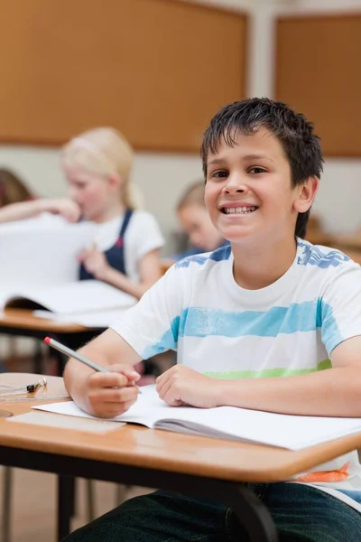 Smiling School Boy His Desk — Foto de Stock