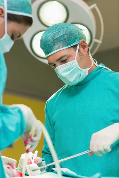 Vista Cirujano Serio Sosteniendo Herramientas Quirúrgicas Quirófano — Foto de Stock