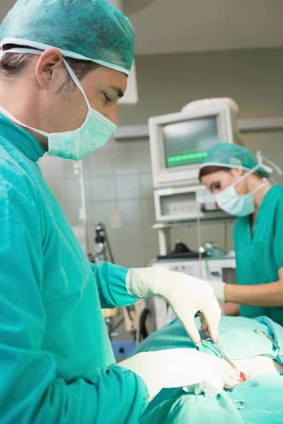수술실에서 가위를 사용하여 외과의사를 봉합하는 — 스톡 사진
