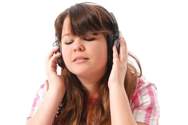 Νεαρή Κοπέλα Μακριά Σκούρα Μαλλιά Ακούγοντας Ενθουσιασμό Μουσική Ακουστικά Λευκό — Φωτογραφία Αρχείου