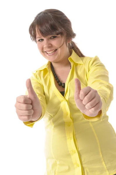 Mooi Tienermeisje Gele Blouse Jeans Poseren Tegen Een Witte Achtergrond — Stockfoto