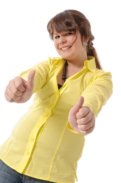 Ładna Nastolatka Żółtej Bluzce Dżinsach Pozujących Białym Tle Kciuki Górę — Zdjęcie stockowe