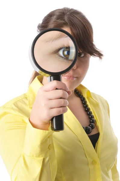 Young Girl Teenager Yellow Blouse Holding Magnifying Glass Magnifying Glass — Stockfoto