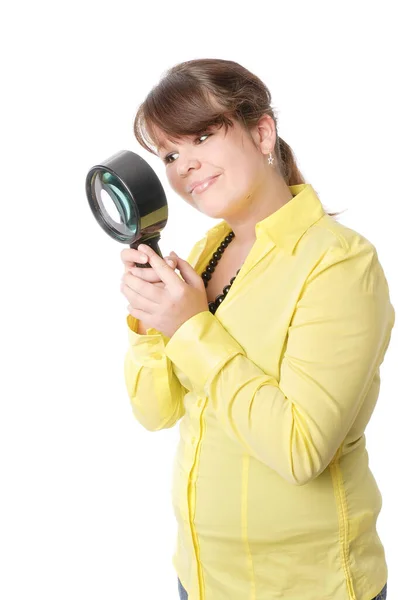 Young Girl Teenager Yellow Blouse Holding Magnifying Glass Magnifying Glass — Stock Photo, Image