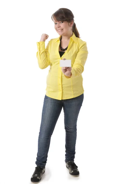Joven Adolescente Con Una Blusa Amarilla Sostiene Leers Signo Cámara — Foto de Stock