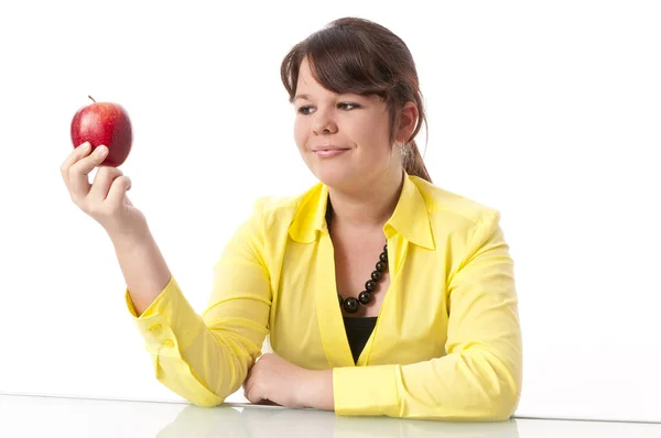 Preteen Girl Long Hair Yellow Blouse Attach Apple White Background — Stock Photo, Image