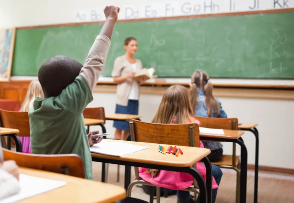 Rückenansicht Des Schülers Der Die Hand Hebt — Stockfoto