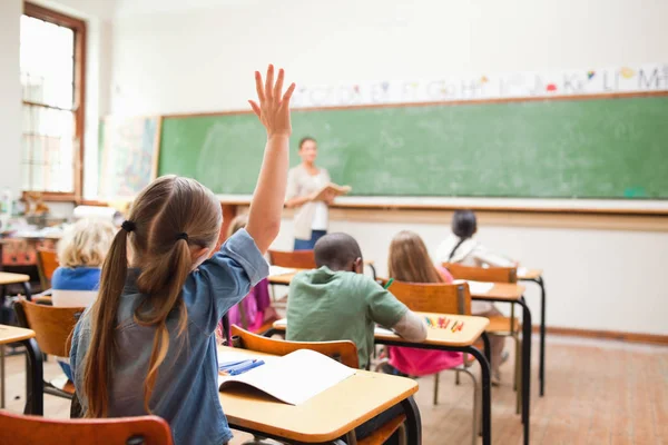 Back View Elementary School Student Raising Her Hand — Stock Photo, Image