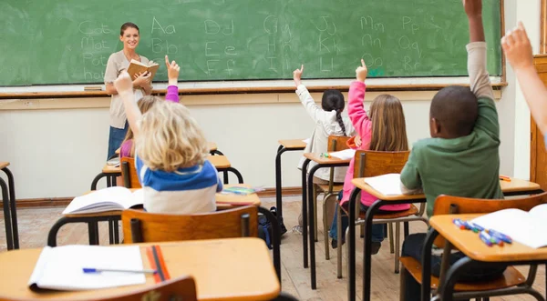 Back View Elementary Students Raising Hands — Stock Photo, Image