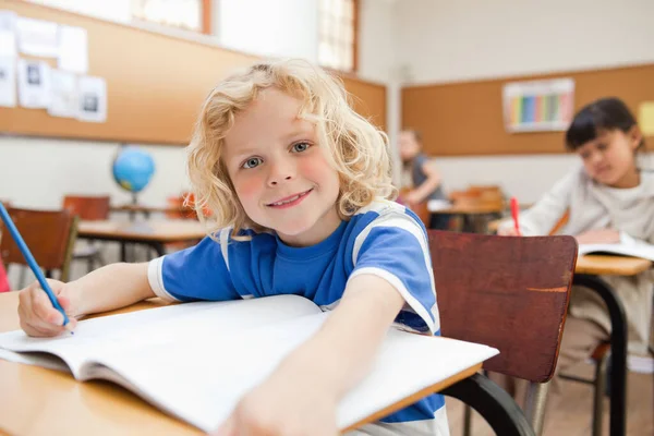 Smiling Little Boy Sitting Desk Exercise Book — Stock Photo, Image