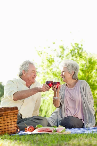 Pareja Sonriendo Mientras Toca Vasos Vino Durante Picnic — Foto de Stock