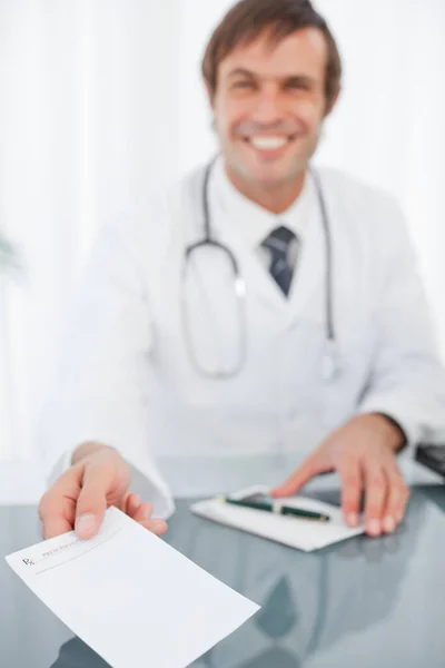 Prescription Being Held Out Smiling Doctor — Stock Photo, Image