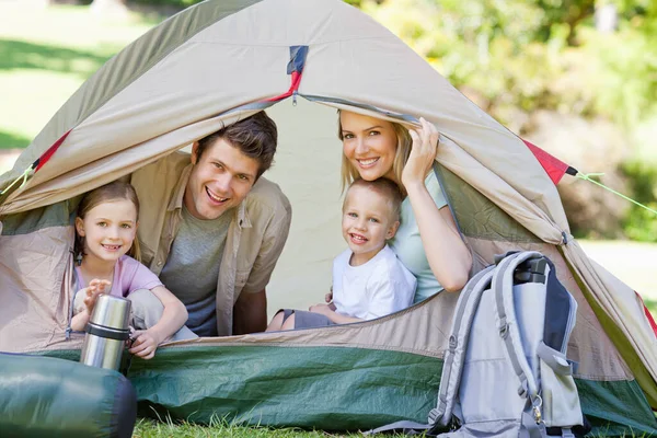 Happy Family Sit Together Tent — Stock Photo, Image