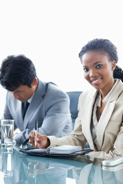 Smiling Executive Woman Working Serious Colleagues Next Her — Foto de Stock