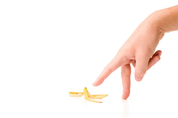 Immagine Concettuale Camminare Con Dita Una Buccia Banana Isolato Sfondo — Foto Stock