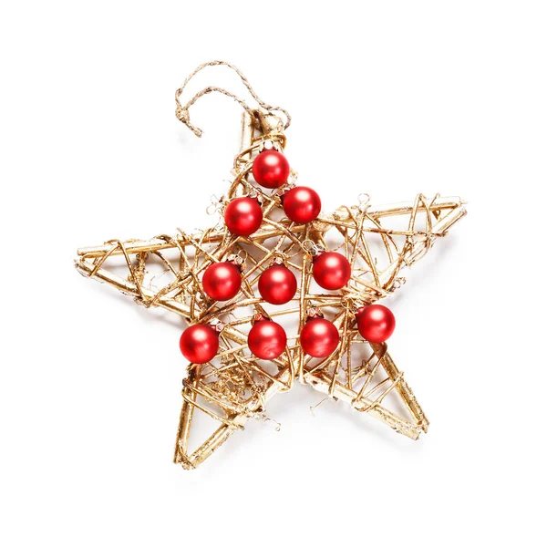 Kerstversiering Met Rode Kerstballen Als Kerstboom Gouden Houten Ster Witte — Stockfoto