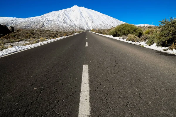 Snow Desert Lonely Road Landscape Volcan Teide National Park Tenerife — Stock Photo, Image
