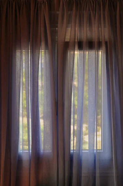 Closed Window Curtain Abstract Background Bright Summer Daylight Shade — Stok fotoğraf