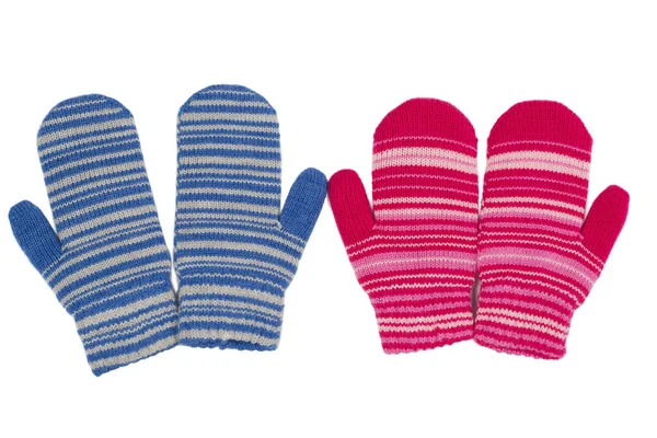 Two Pairs Mittens Blue Red Isolate White — Stock Photo, Image