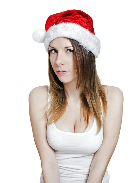 Joven Chica Bonita Sombrero Navidad Blanco — Foto de Stock