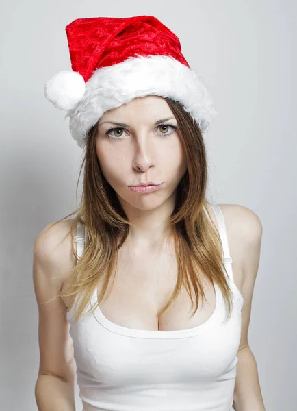 Muchacha Triste Sombrero Navidad Blanco — Foto de Stock