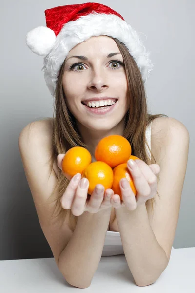 Funny Girl Christmas Hat Mandarins — Stock Photo, Image