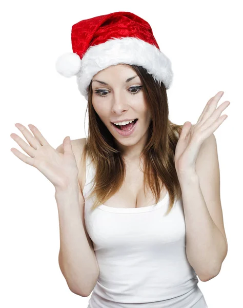 驚きましたかわいいです女の子でクリスマスの帽子オンホワイト — ストック写真