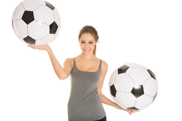 Młoda Kobieta Piłką Nożną Izolowane Białym — Zdjęcie stockowe
