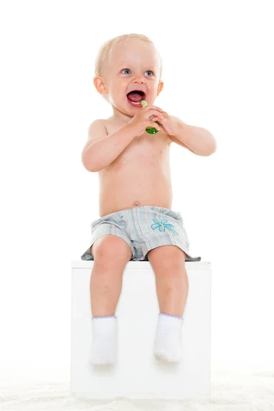 Small Child Playing New Toothbrush White Background Concept Healthy Clean — Stock Photo, Image