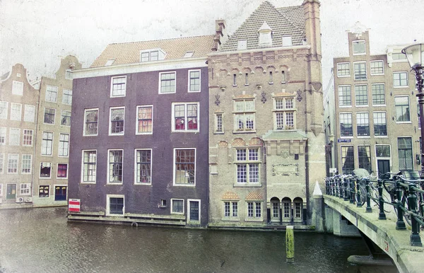 Vintage Photo Traditional Dutch Buildings Canal City Amsterdam — Stock Photo, Image