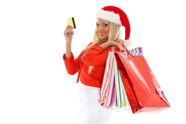 Mujer Joven Bonita Sombrero Santa Con Bolsas Compras Tarjetas Crédito — Foto de Stock