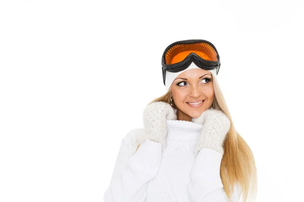 Jeune Femme Heureuse Hiver Vêtements Chauds Lunettes Ski Tient Sur — Photo