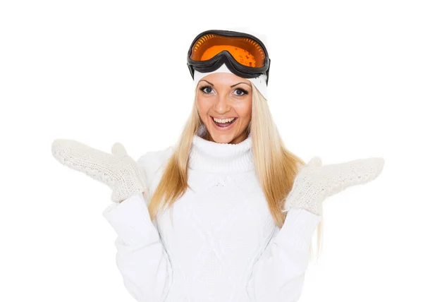 Portrait Jeune Femme Surprise Vêtements Chauds Hiver Lunettes Ski Sur — Photo