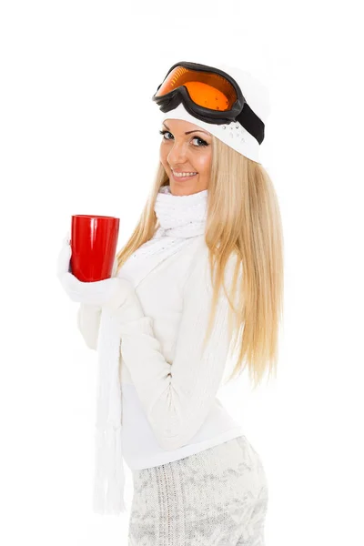 Mujer Joven Con Gafas Esquí Ropa Abrigada Invierno Con Copas —  Fotos de Stock