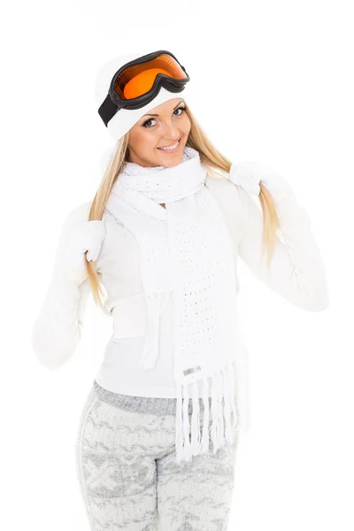 Jeune Femme Heureuse Hiver Vêtements Chauds Lunettes Ski Tient Sur — Photo