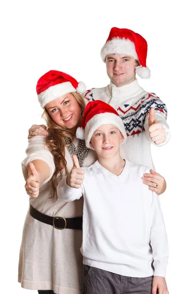 Feliz Familia Los Gorros Santa Claus Que Muestran Signo Bien — Foto de Stock