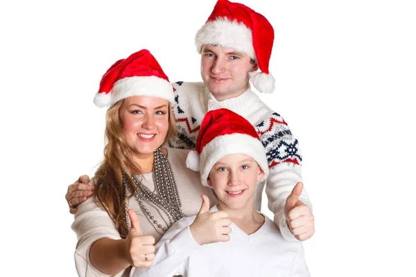 Happy Family Santa Claus Caps Showing Sign White Background — Stock Photo, Image