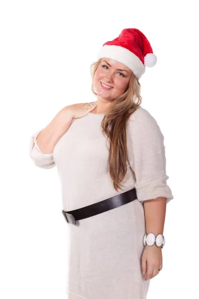 Mujer Joven Tapa Santa Claus Sobre Fondo Blanco Navidad —  Fotos de Stock