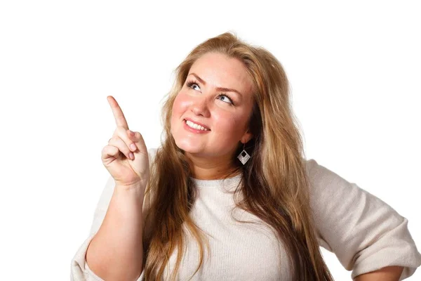 Portrait Young Woman Looking Upwards White Background — Stock Photo, Image