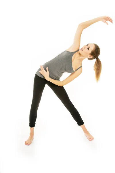 Mujer Joven Haciendo Ejercicio Yoga Aislado Blanco —  Fotos de Stock