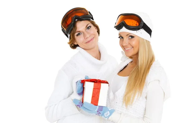 Deux Jeunes Jolies Femmes Vêtements Hiver Lunettes Ski Avec Coffret — Photo