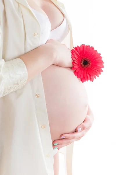 Gravid Kvinna Med Blommor Vit Bakgrund — Stockfoto