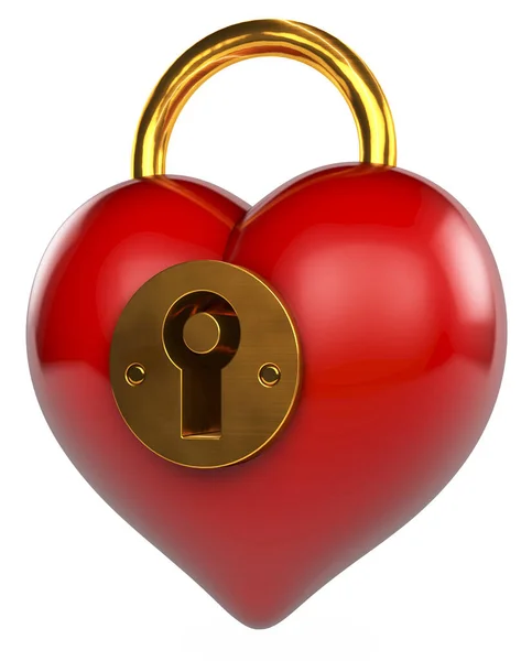 Red Shiny Heart Shape Lock Golden Metal Parts Rendering White — 스톡 사진