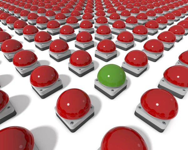Red Game Show Buzzers Aligned Grid One Centre Buzzer Green — Stock Photo, Image