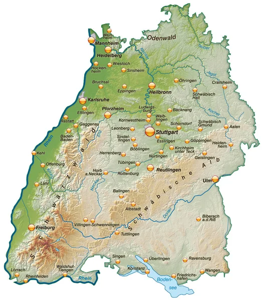 Kaart Van Baden Wuerttemberg Als Plattegrond Als Heuvelschaduw — Stockfoto