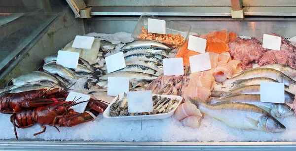 Banco Mercato Con Assortimento Pesce Appena Pescato — Foto Stock