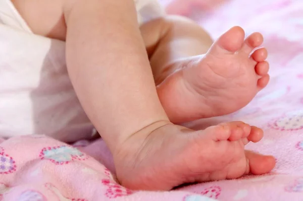 Baby Schattige Voeten Tegen Een Roze Achtergrond — Stockfoto