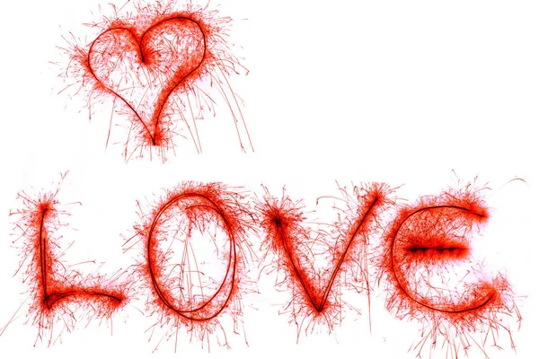 Word Love Heart Red Sparklers Isolated White Background — Stock Photo, Image